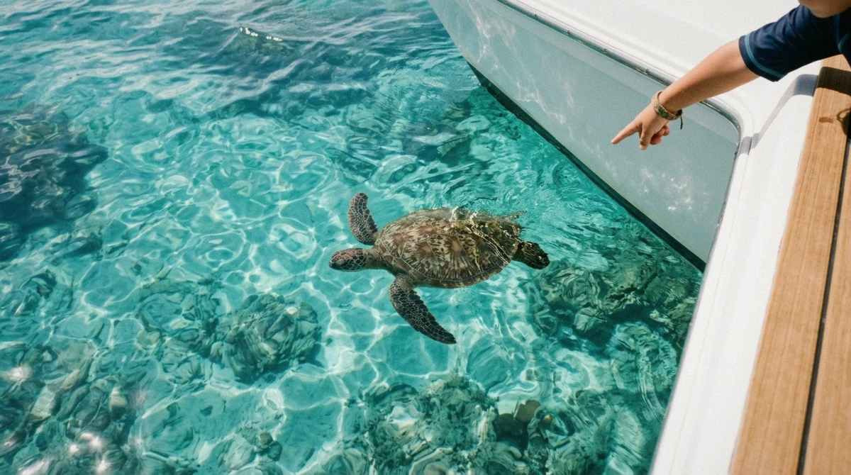 A child looking over the rail toward a green sea turtle at Turtle Canyon during an Oahu boat tour with kids