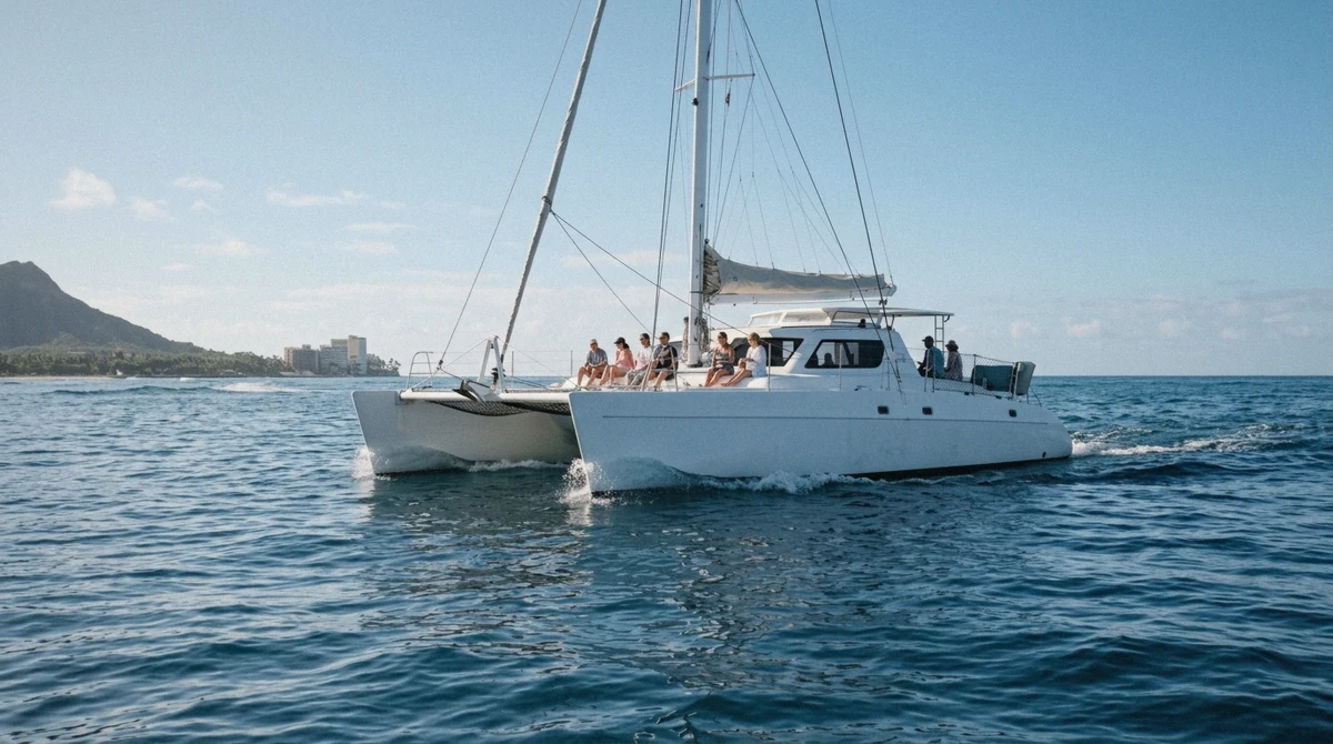 A twin-hull catamaran cutting through low swell off Waikiki before an evening sailing, the calm water an Oahu sunset cruise or fireworks cruise shares