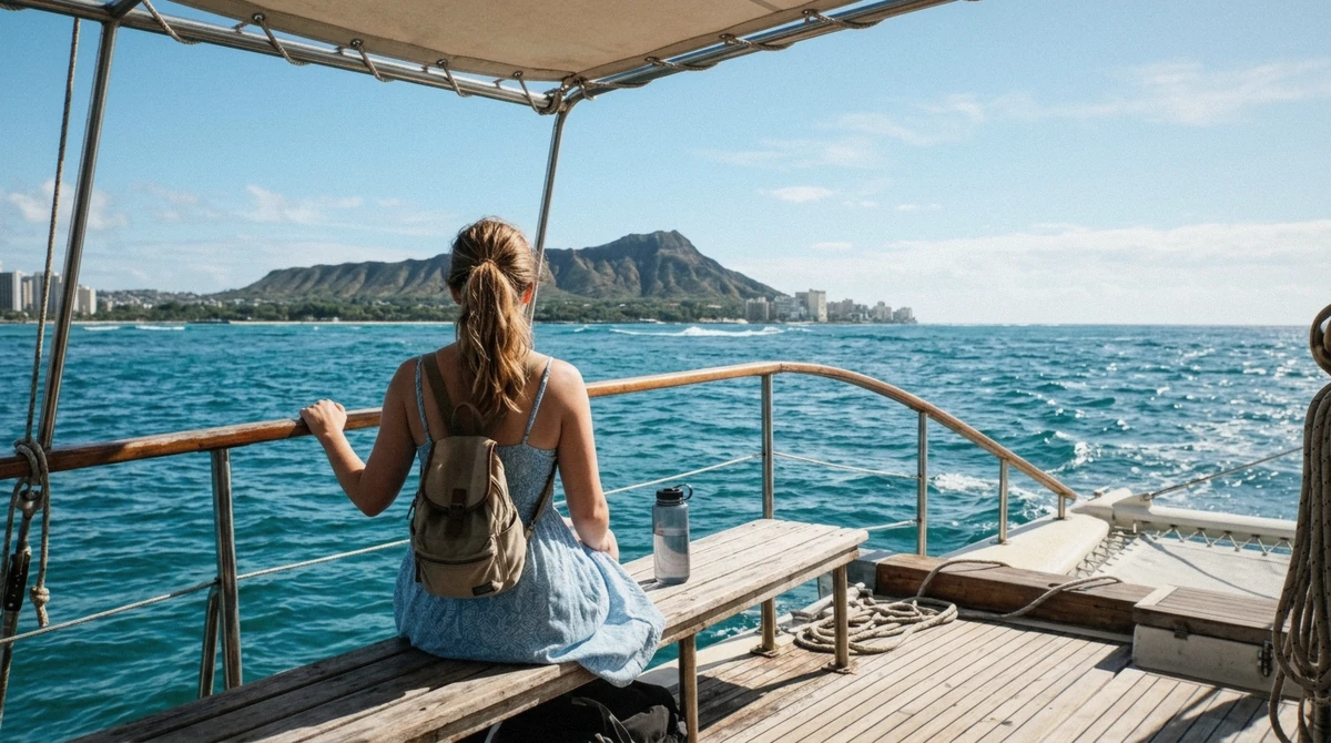A traveler looking toward the horizon from the deck of a catamaran to manage seasickness on an Oahu boat tour off Waikiki